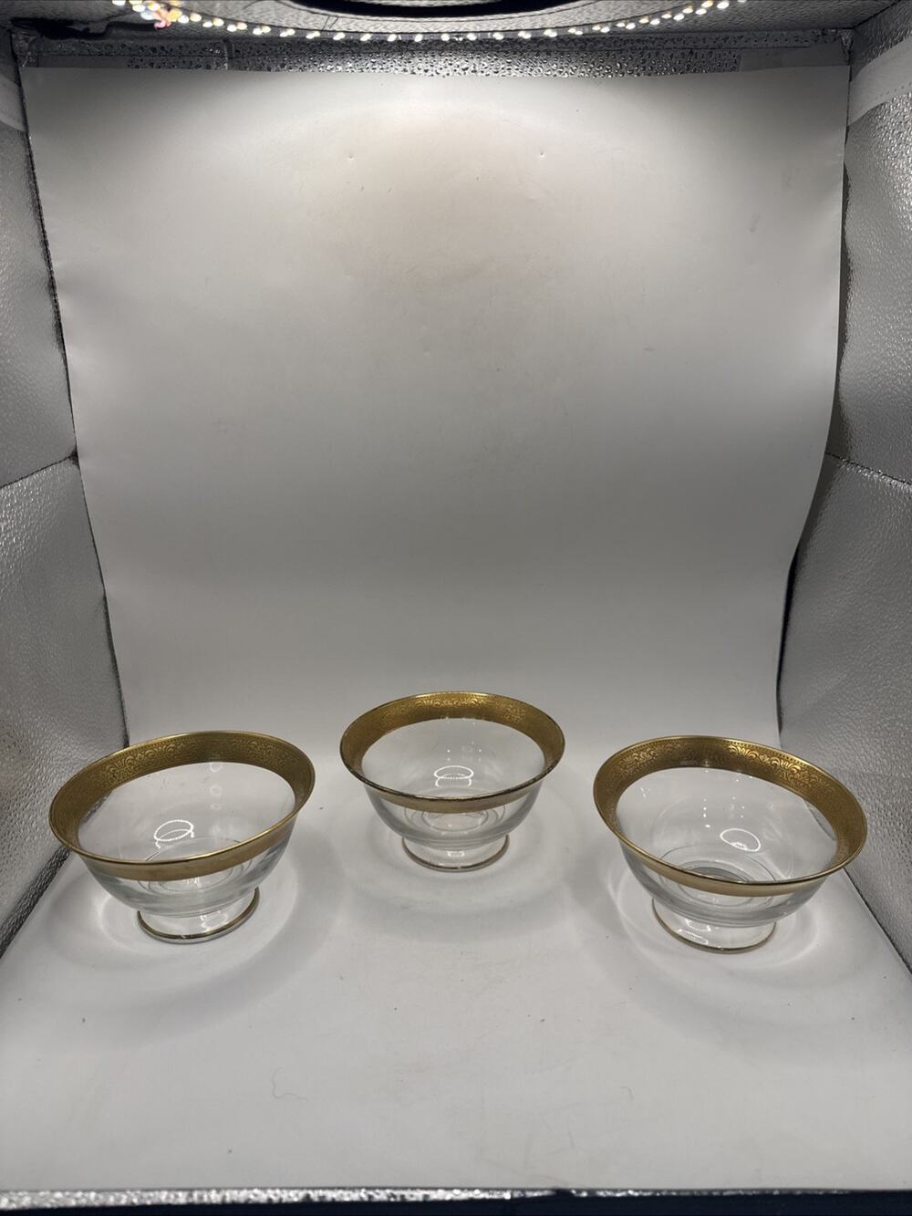 Vintage Set of 3 Clear Glass Finger Bowls Ornate Gold Encrusted Rim 5” *